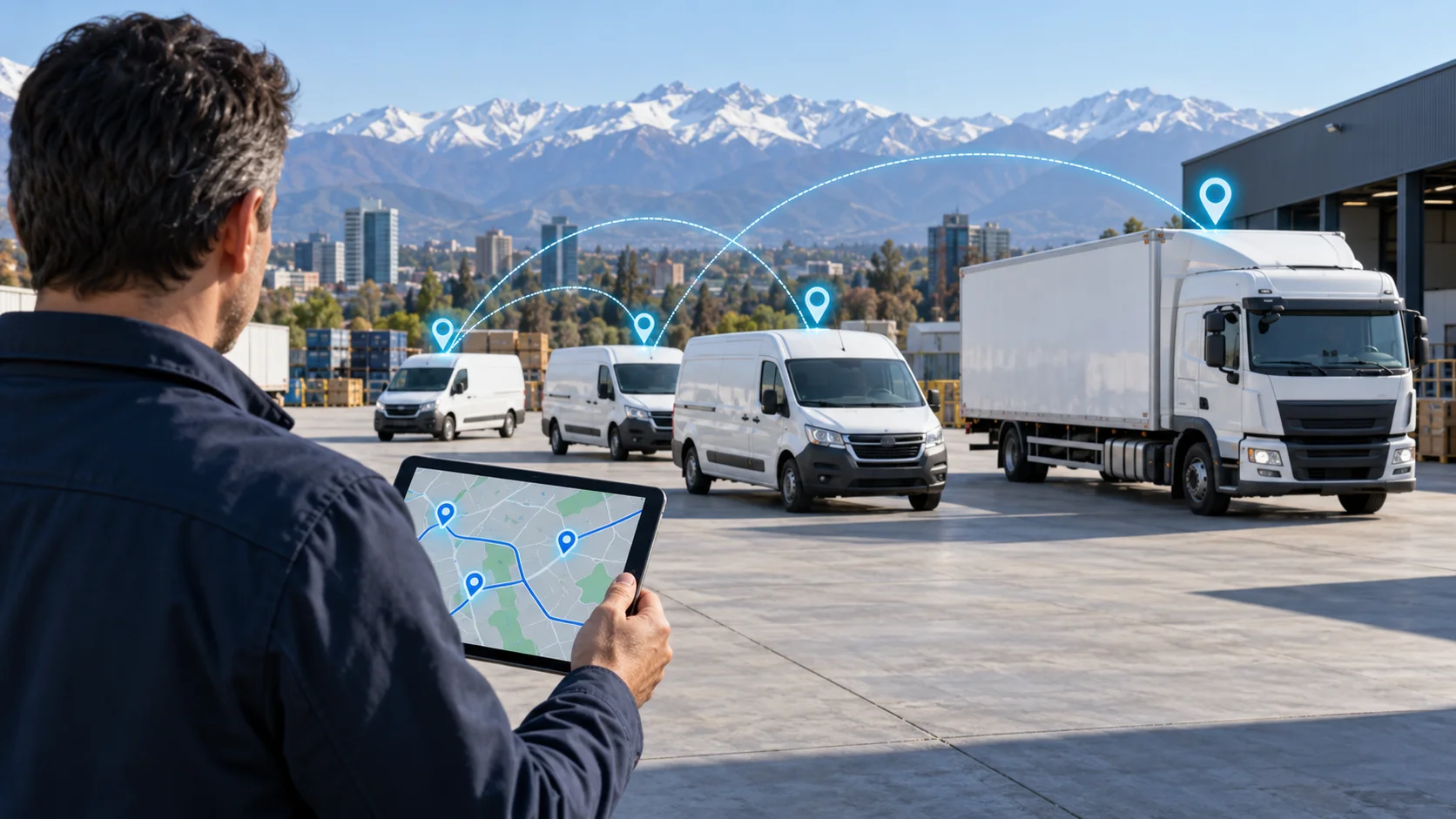 Supervisor con una tablet monitoreando por GPS una flota de vehículos empresariales en un centro logístico