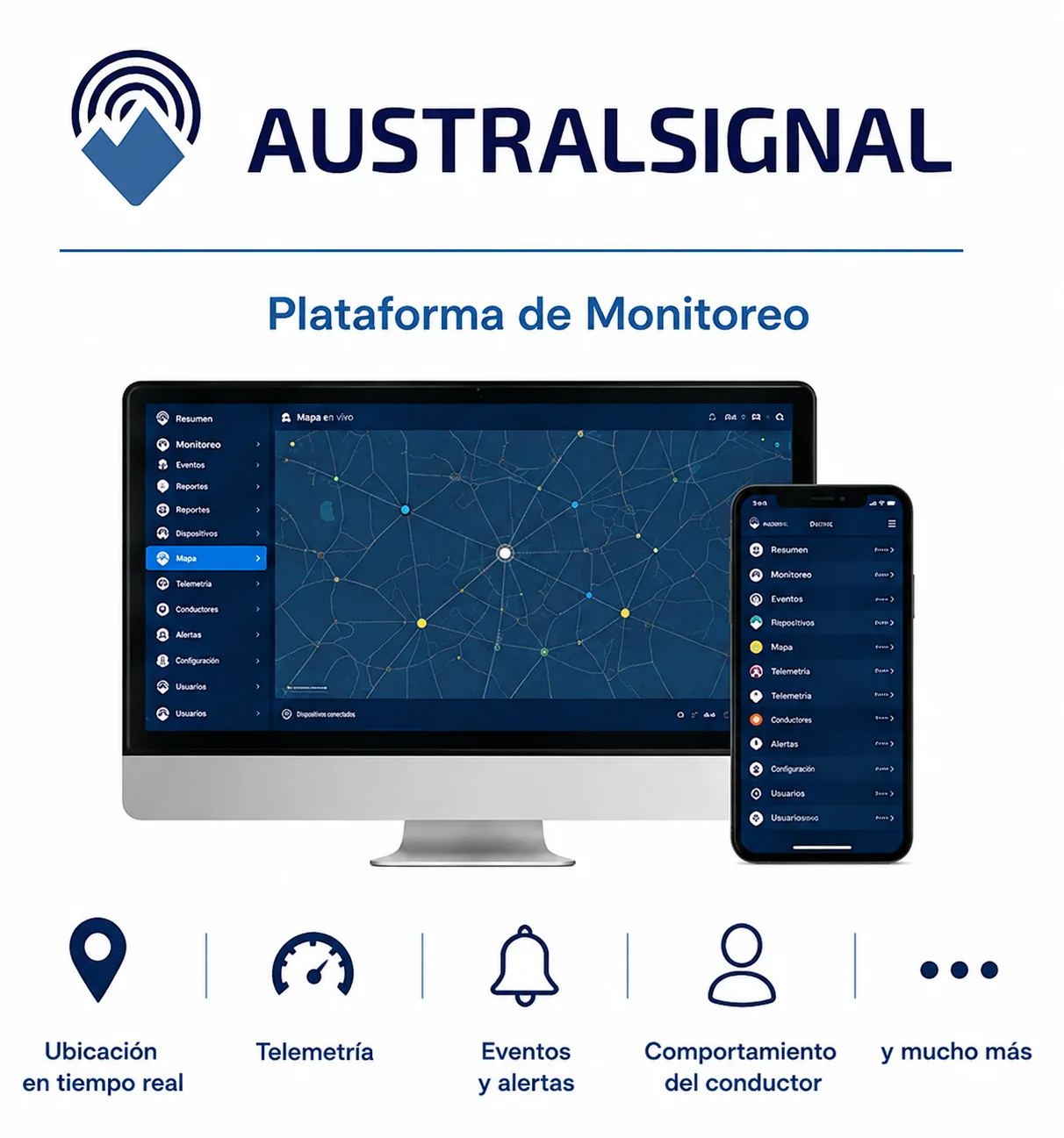 Plataforma de monitoreo AustralSignal en computador y teléfono